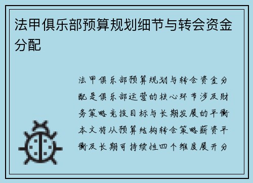 法甲俱乐部预算规划细节与转会资金分配