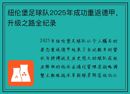 纽伦堡足球队2025年成功重返德甲，升级之路全纪录